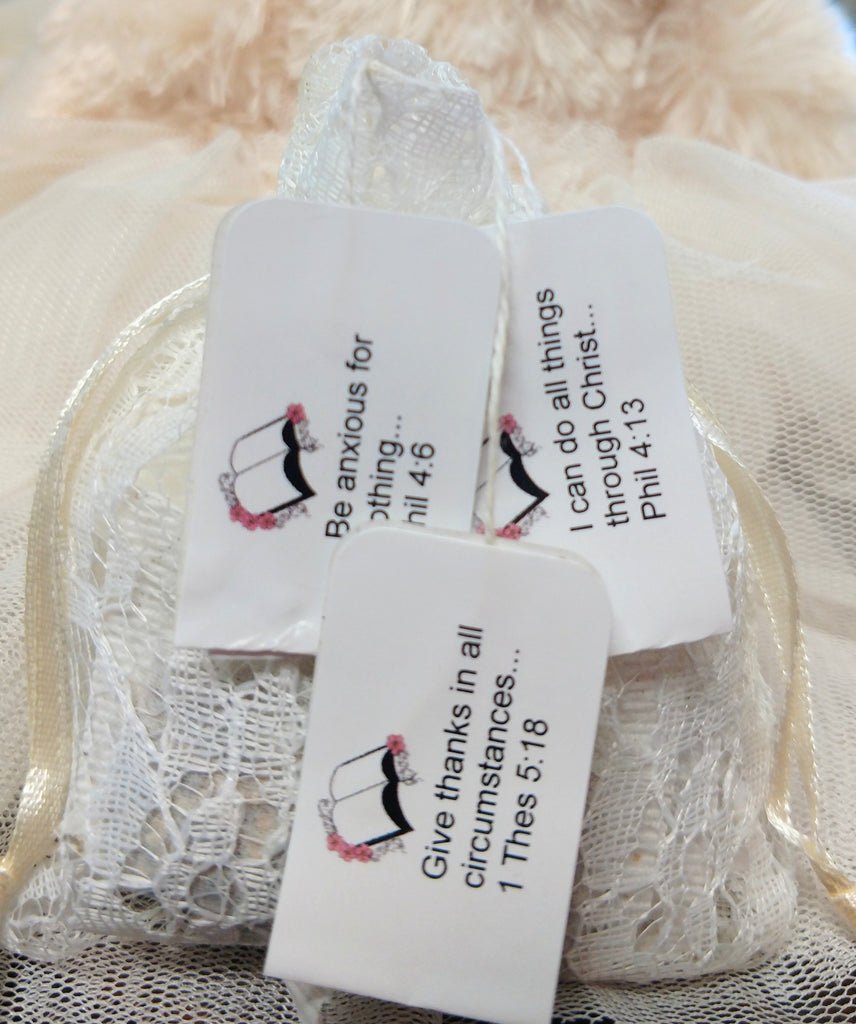Scripture Tea Bags in Lace Sachet with Printed Bible Verses - Black Tea-Roses And Teacups