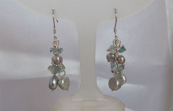Sea Glass and Cultured Pearl Necklace & Earring with Silver Thread