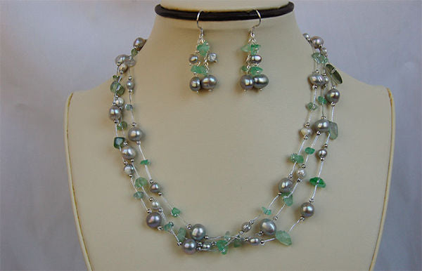Sea Glass and Cultured Pearl Necklace & Earring with Silver Thread-Roses And Teacups