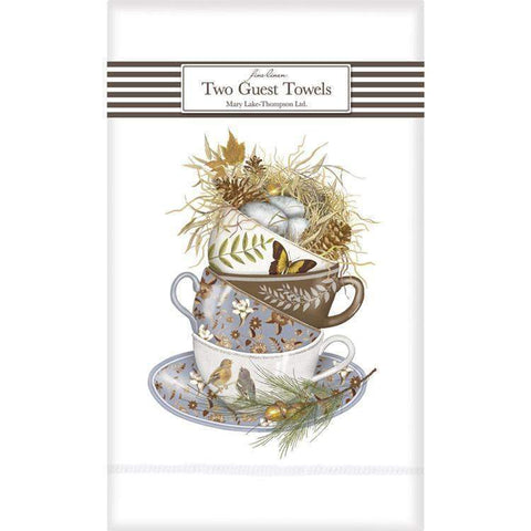 Set of 2 14 x 22 Autumn Stacked Tea Cups Linen Guest Towels