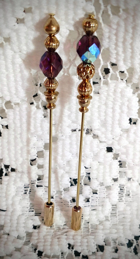 Set of 2 Amethyst and Gold Bead Lapel Pin Stickpin - Only 3 Available!-Roses And Teacups