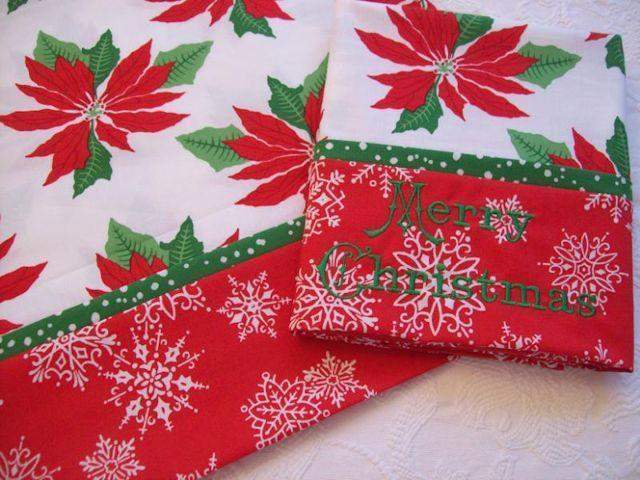 Set of 2 Embroidered or Plain Poinsettia Christmas Pillow Cases-Roses And Teacups
