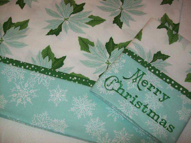 Set of 2 Embroidered or Plain Poinsettia and Aqua Christmas Pillow Cases-Roses And Teacups