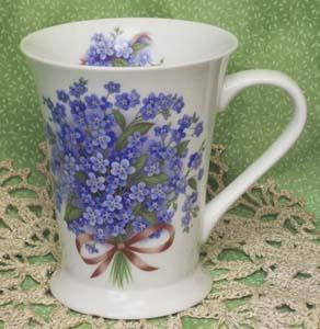 Set of 2 Floral Latte Mugs - Blue Forget Me Not-Roses And Teacups