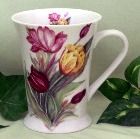 Set of 2 Floral Latte Mugs - Tulips-Roses And Teacups