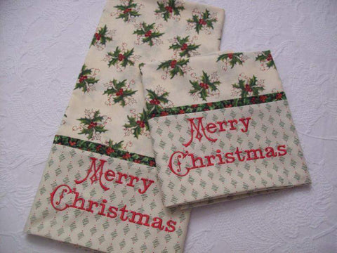 Set of 2 Merry Christmas Holly Pillow Cases-Roses And Teacups