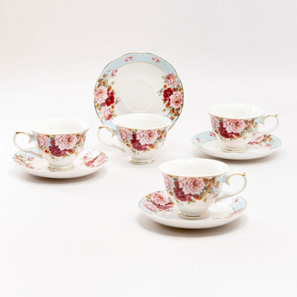 Blue Strawberry Rose Demi Teacups (Tea Cups) and Saucers in Gift Box
