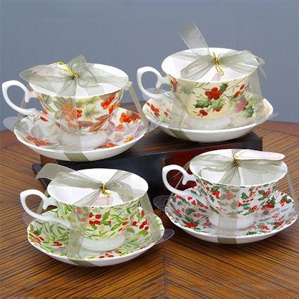 Set of 4 Bone China Holiday Tea Cups