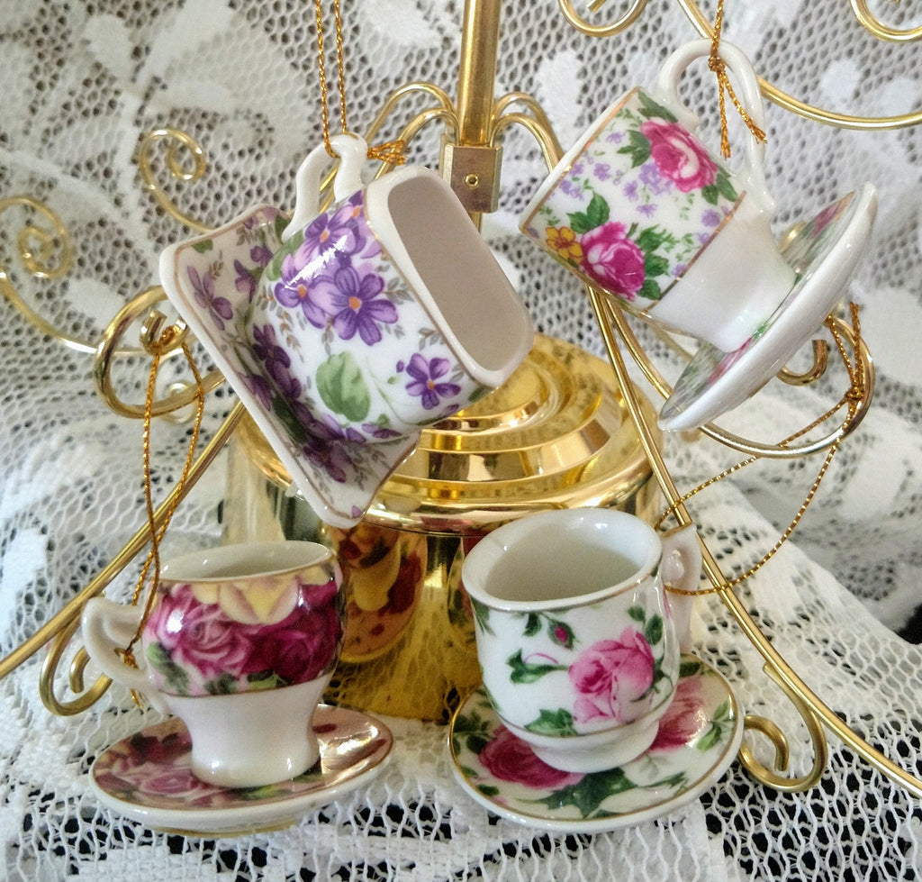 Set of 4 Floral Chintz Porcelain Teacup Ornaments - Only 2 Set Available!