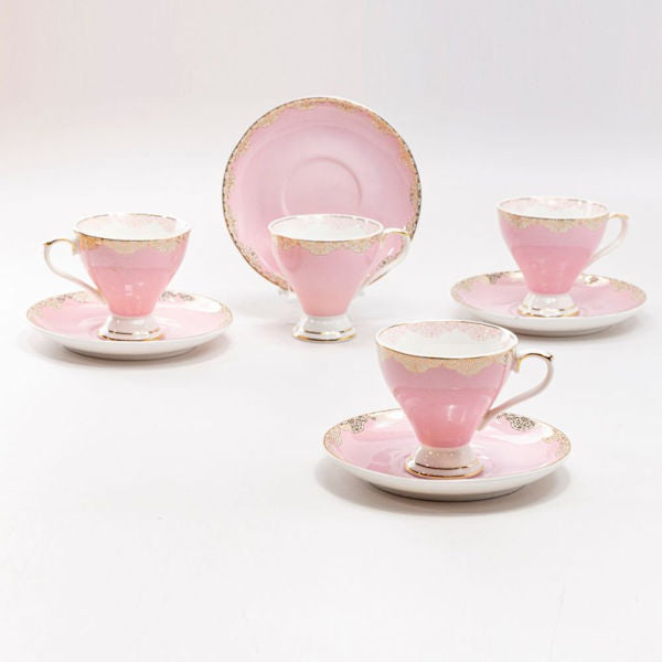 Set of 4 Pink Lace Demi Teacups (Tea Cups) and Saucers Espresso Cups in Gift Box
