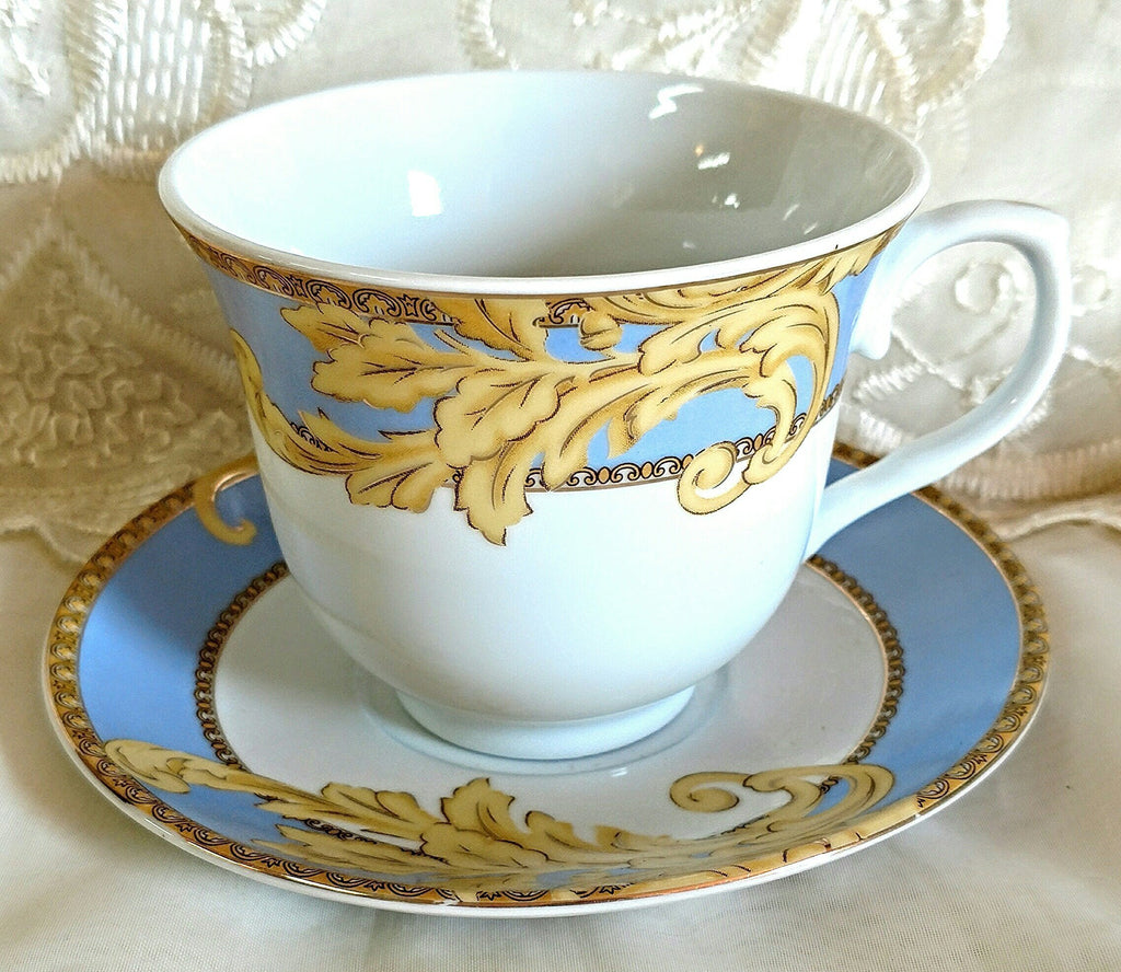 Set of 6 Blue and Gold Flourish Wholesale Tea Cups and Saucers in Gift Box - Pre Order Only Shipping in July-Roses And Teacups