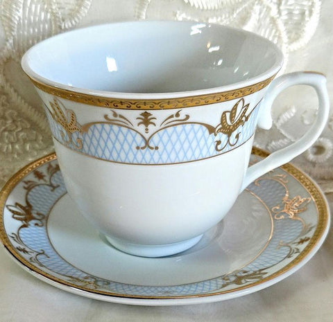 Set of 6 Cassandra Gold and Pale Blue Wholesale Tea Cups and Saucers
