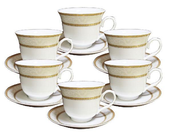 Set of 6 Gold Border Porcelain Wholesale Tea Cups and Saucers in Gift Box