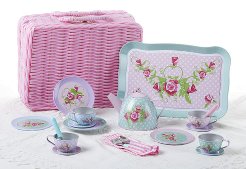 Shabby Chic Childrens Tin Teaset FREE tea! 19pc Tea Set for Little Girls in a Pink Wicker Style Basket-Roses And Teacups