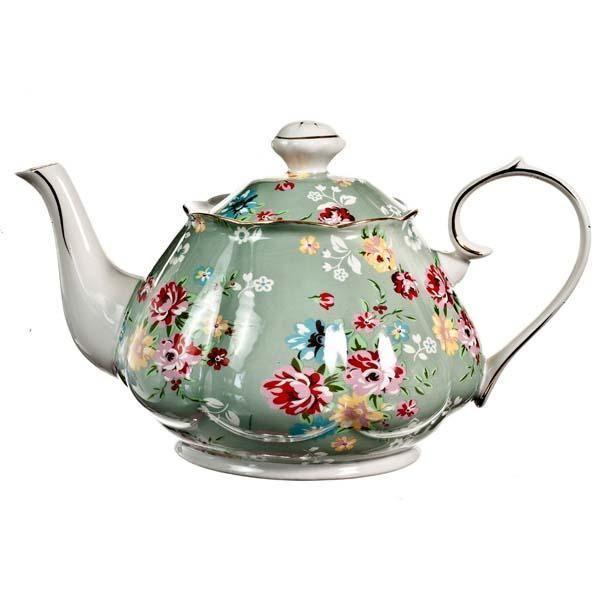 Shabby Rose Green Porcelain Teapot-Roses And Teacups