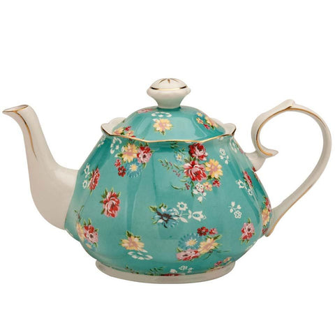 Shabby Rose Turquoise Porcelain Teapot-Roses And Teacups