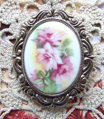 Shabby Roses Porcelain Cameo Brooch