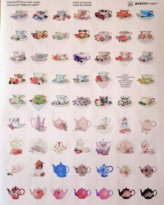 Sheet of 62 1-inch Round Single Image Tea Cup and Teapot Stickers