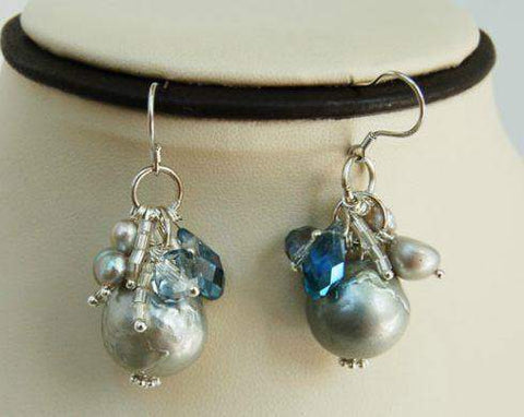 Silver Grey Keshi Pearl and Blue Crystal Earrings EF148