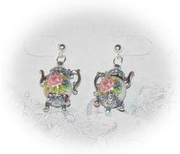 Silver Rose Bead on White Teapot Post Earrings-Roses And Teacups