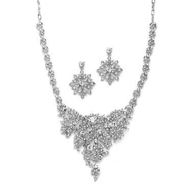 Silver and Crystal Statement Necklace Set for Weddings 4184S-S-Roses And Teacups