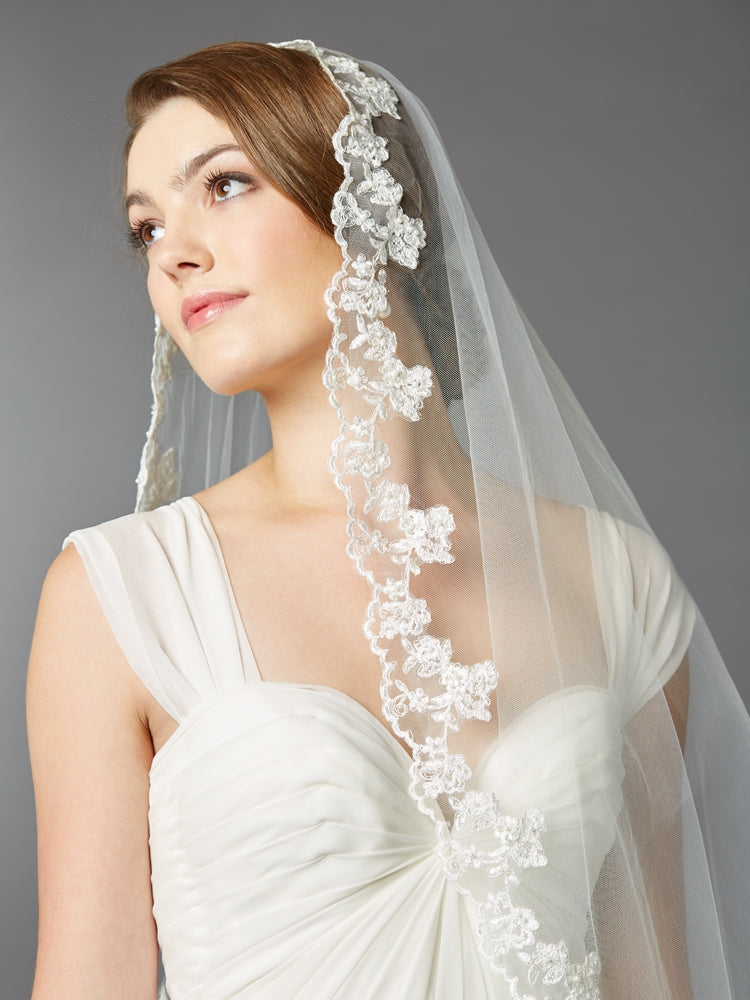 Single Layer Cathedral Mantilla Bridal Veil with Scalloped Lace Edge 4423V-I-Roses And Teacups