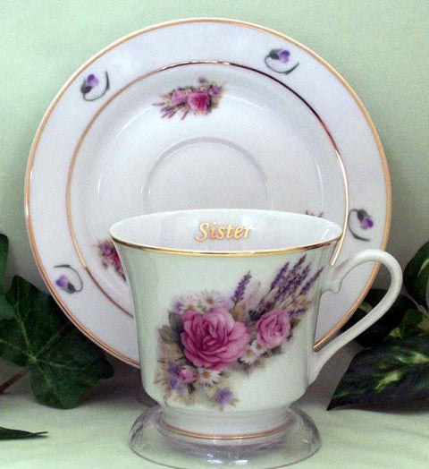 Sister Personalized Porcelain Tea Cup (teacup) and Saucer-Roses And Teacups
