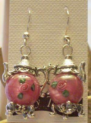 Smooth Pink Czech Bead Silver Teapot Earrings-Roses And Teacups