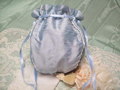 Soft Powder Blue Silk Dupioni Victorian Reticule Bridal Purse-Roses And Teacups