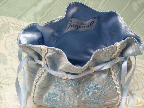 Soft Powder Blue Silk Dupioni Victorian Reticule Bridal Purse-Roses And Teacups