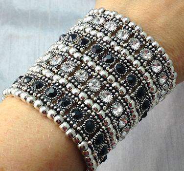 Sparkling 4-Row Black and Clear Crystal with Silver Bead Stretch - Hurry Just 1 Available!-Roses And Teacups