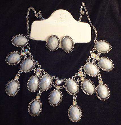 Sparkling Antiqued White and Crystal Necklace Earrings Set - 2 Sets Available!-Roses And Teacups