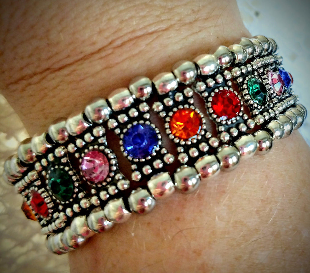 Sparkling Jewel Tones Crystal and Silver Bead Stretch Bracelet - Just 1 Available!-Roses And Teacups