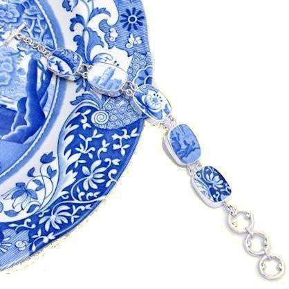 Spode Blue Italian China Jewelry Sterling Bracelet Adjustable 7 to 8 1/4