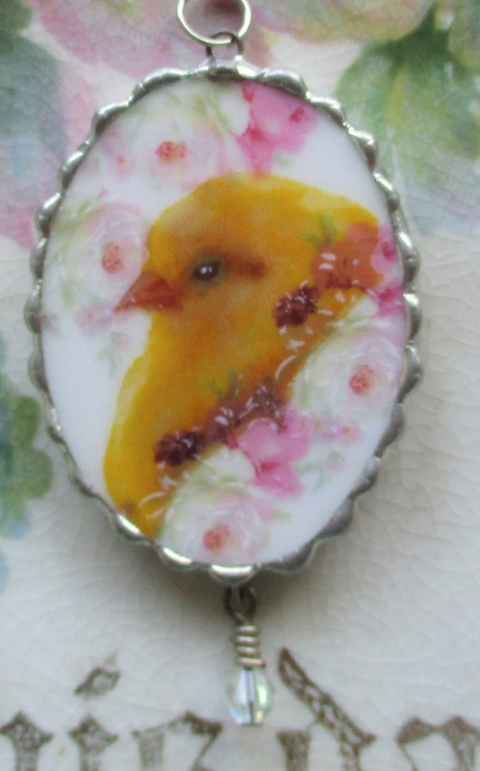 Spring Chick Broken China Pendant with Chain