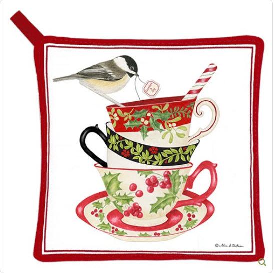 Stacked Christmas Tea Cups Potholder-Roses And Teacups
