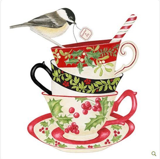 Stacked Christmas Tea Cups Tea Towels-Roses And Teacups