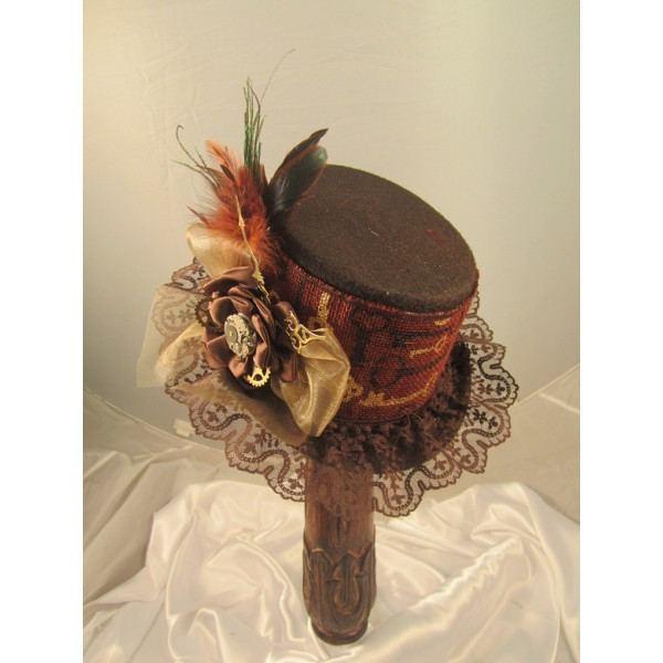 Steampunk Brown Riding Hat with Clock Print Band-Roses And Teacups