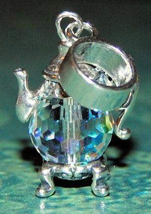 Sterling Silver Swarovski Crystal Small Footed Teapot Charm for Pandora Style Charm Bracelet-Roses And Teacups