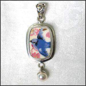 Sterling Silver Broken China Jewelry Bluebird Pendant #2