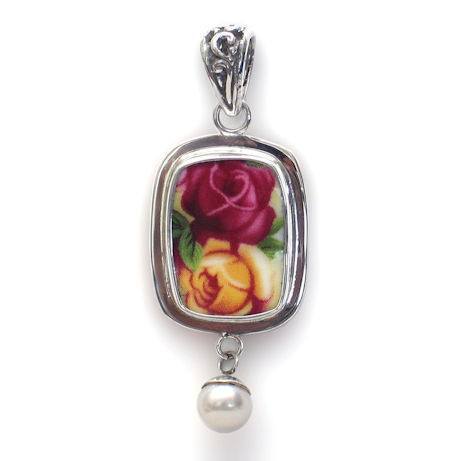 Sterling Silver Broken China Jewelry Pearl Pendant Old Country Roses Dark Pink and Yellow