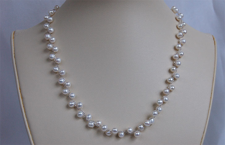 Sterling Silver Chain Braided Cultured White Pearl Necklace-Roses And Teacups