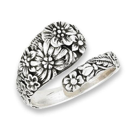 Sterling Silver Spoon Ring with Flowers-Roses And Teacups
