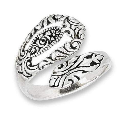 Sterling Silver Spoon Ring with Rose Motif-Roses And Teacups