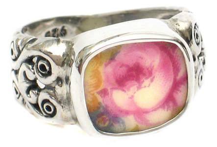 Sterling and Broken China Ring Pink Rose