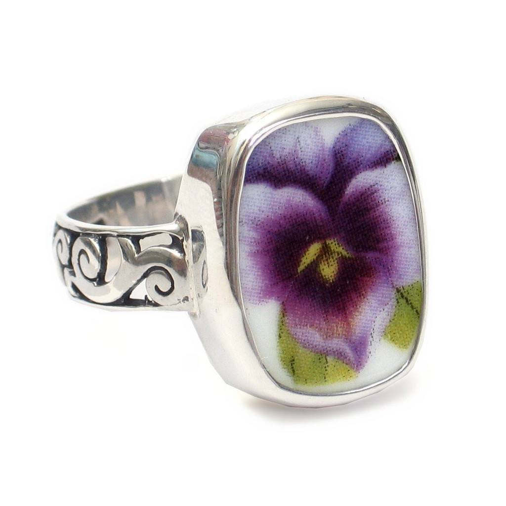 Sterling and Broken China Ring Purple Pansy