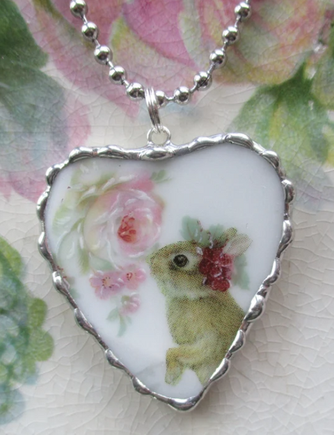 Stop and Smell the Roses Sweet Bunny Broken China Pendant with Chain