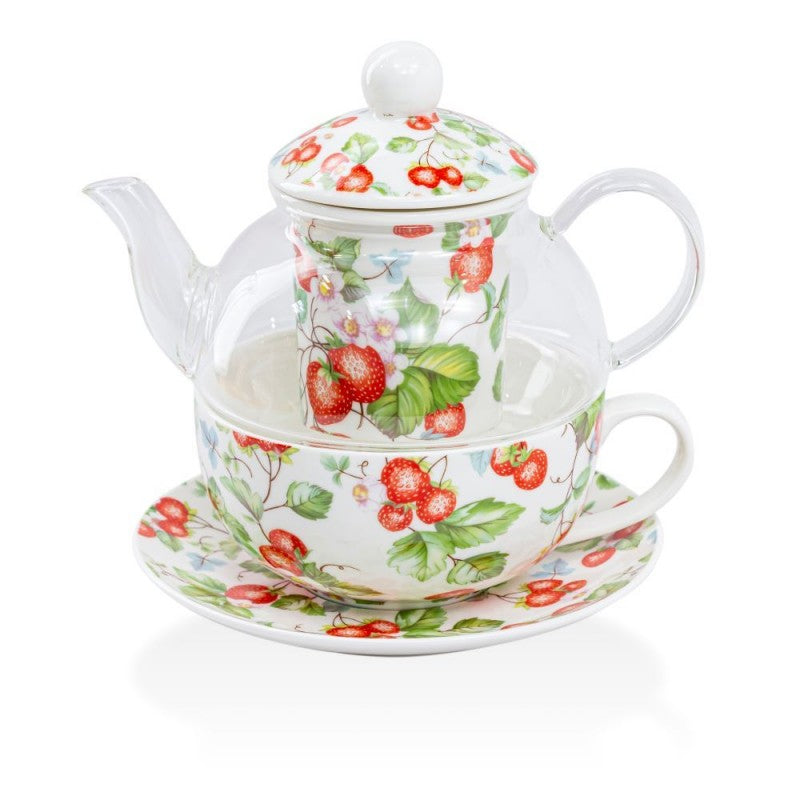 Strawberry Porcelain & Glass Tea for One 5 Piece Set-Roses And Teacups