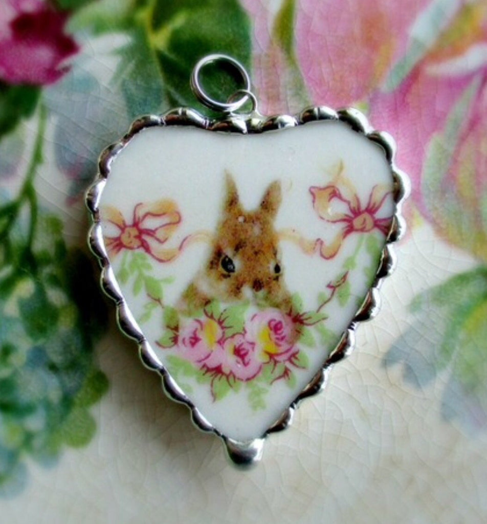 Sweet Little Bunny Resting in the Roses Broken China Pendant-Roses And Teacups
