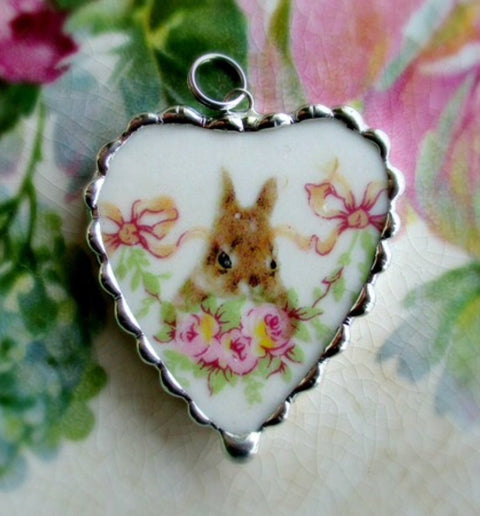 Sweet Little Bunny Resting in the Roses Broken China Pendant